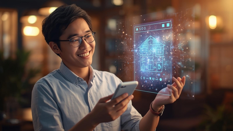 Pemilik UMKM menggunakan AI Website Builder di smartphone untuk membuat toko online dengan cepat