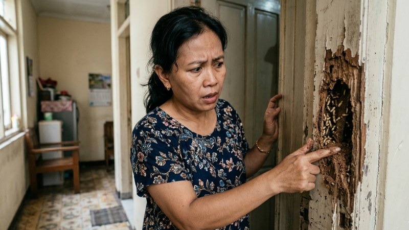 Seorang wanita Indonesia terkejut melihat kusen kayu rumahnya hancur keropos dimakan rayap tanpa disadari. Rayap Merusak Rumah