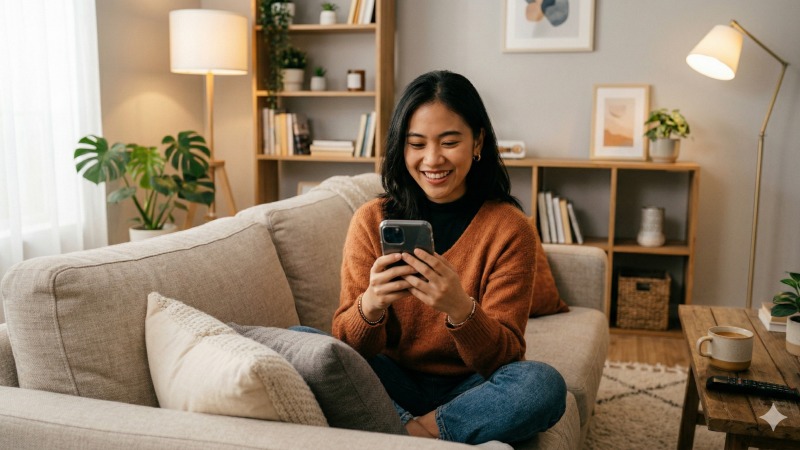 Pengguna asyik menonton tayangan VIP tanpa jeda iklan di smartphone.