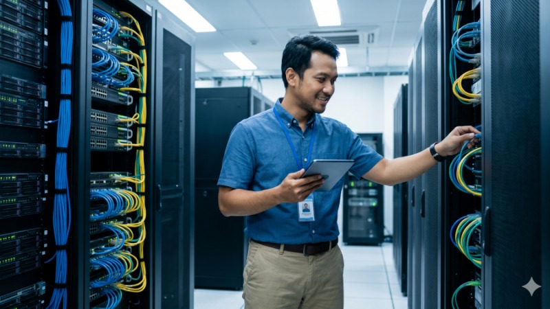 Teknisi IT mengelola server sebagai bagian dari strategi efisiensi layanan colocation Indonesia.