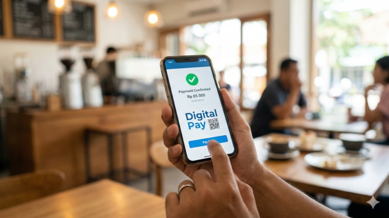 Kemudahan dan keamanan transaksi digital menggunakan e-wallet atau QRIS di smartphone.