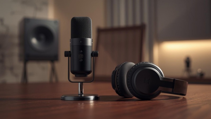 Setup perlengkapan audio profesional berupa mikrofon dan headphone di atas meja studio. RØDE Kickstart Bundle