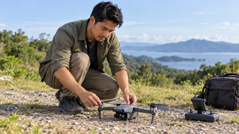 Calon pilot drone memeriksa perangkat dan pengendali sebelum latihan