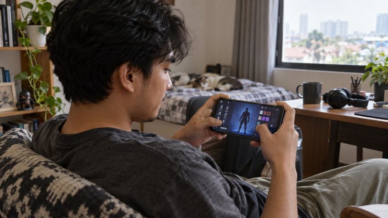 Pemain mobile memilih tampilan skin untuk hero favorit melalui smartphone.